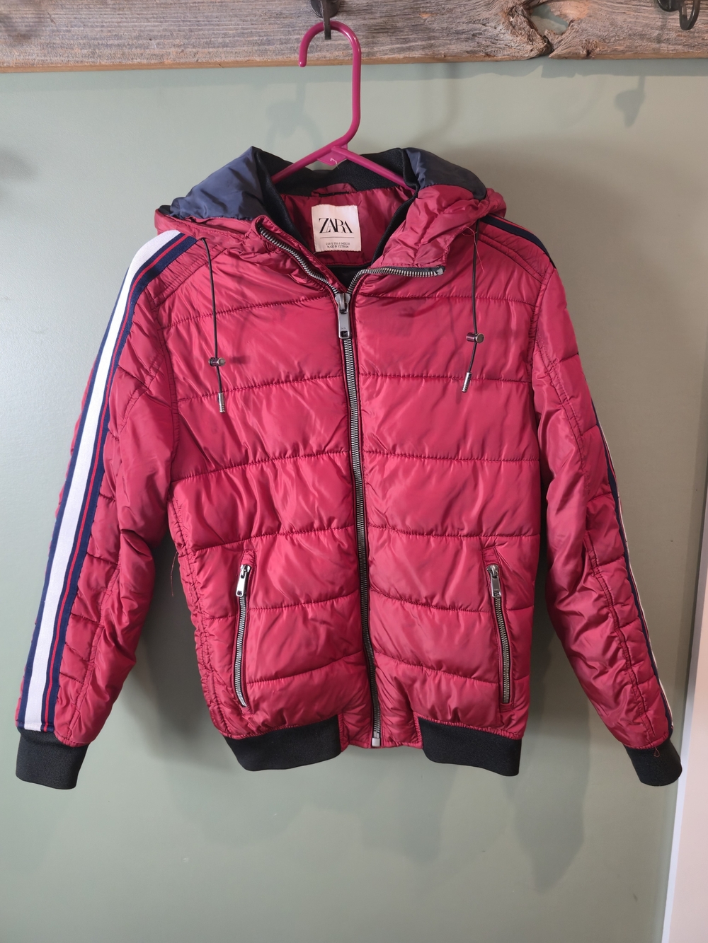 Zara Red Quilted Hooded Puffer Jacket with Navy/White Stripe